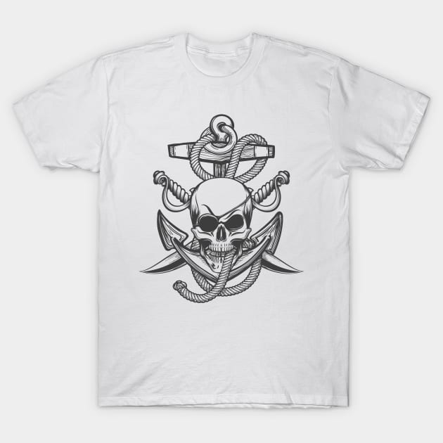 Pirate Skull with Anchor and Sabres T-Shirt by devaleta